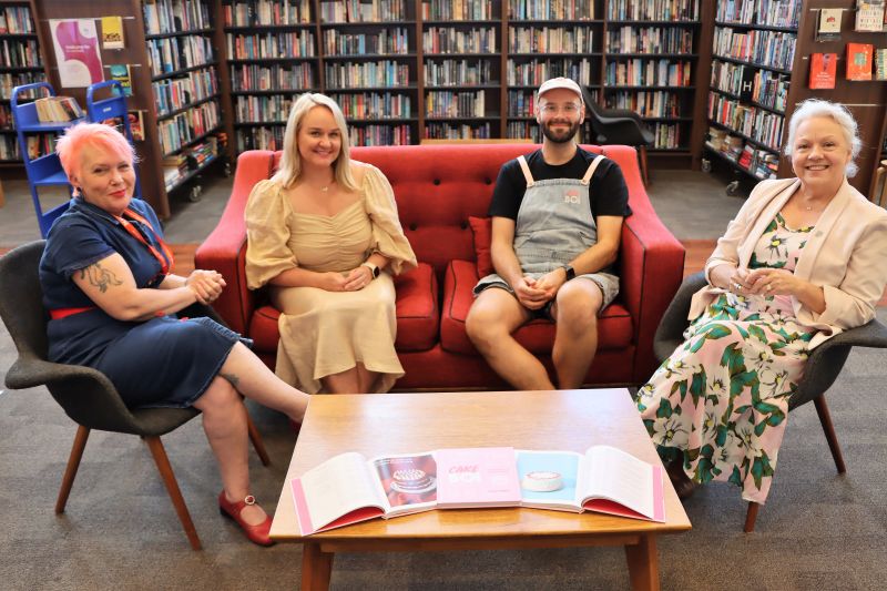 City of Newcastle Director Museum Archive Libraries & Learning, Julie Baird, Newcastle Lord Mayor Nuatali Nelmes, Cakeboi owner and cookbook author Reece Hignell and Councillor Carol Duncan prepare for the Cakeboi - Cake Off! high tea and book launch at Newcastle City Library this month.