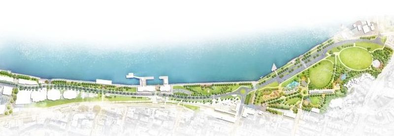 An aerial overview render of the precinct covered by the Harbour Foreshore Masterplan.