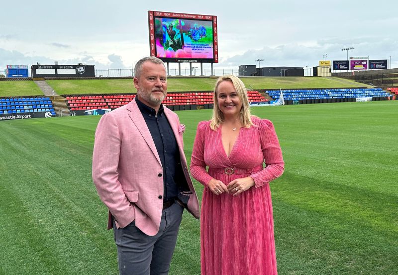 McDonald Jones Stadium venue manager Dean Mantle and Newcastle Lord Mayor Nuatali Nelmes celebrate the announcement Pink will bring her world tour to Newcastle next year.
