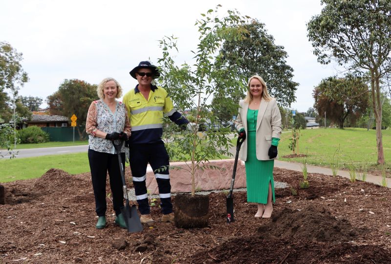 Federal Member for Newcastle Sharon Claydon, City of Newcastle Tree Planting Officer Michael Linsley and Newcastle Lord Mayor Nuatali Nelmes help plant the final trees at Maryland for the Queen's Jubilee project.