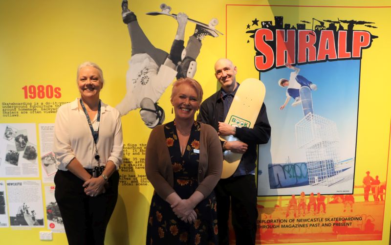 Newcastle Councillor Carol Duncan, Newcastle Museum Director Julie Baird and exhibition curator James Turvey at the launch of the Shralp exhibition at Newcastle Museum.