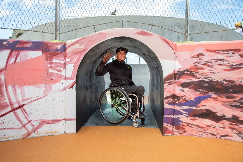 Paralympian Paul Nunnari at City of Newcastle's wheelchair accessible skate bowl.