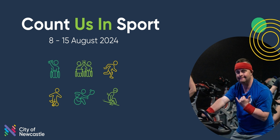 Banner image with text Count Us in Sport, date 8 - 15 August. Icons of wheelchair athletes playing sport, also images of amputee athletes