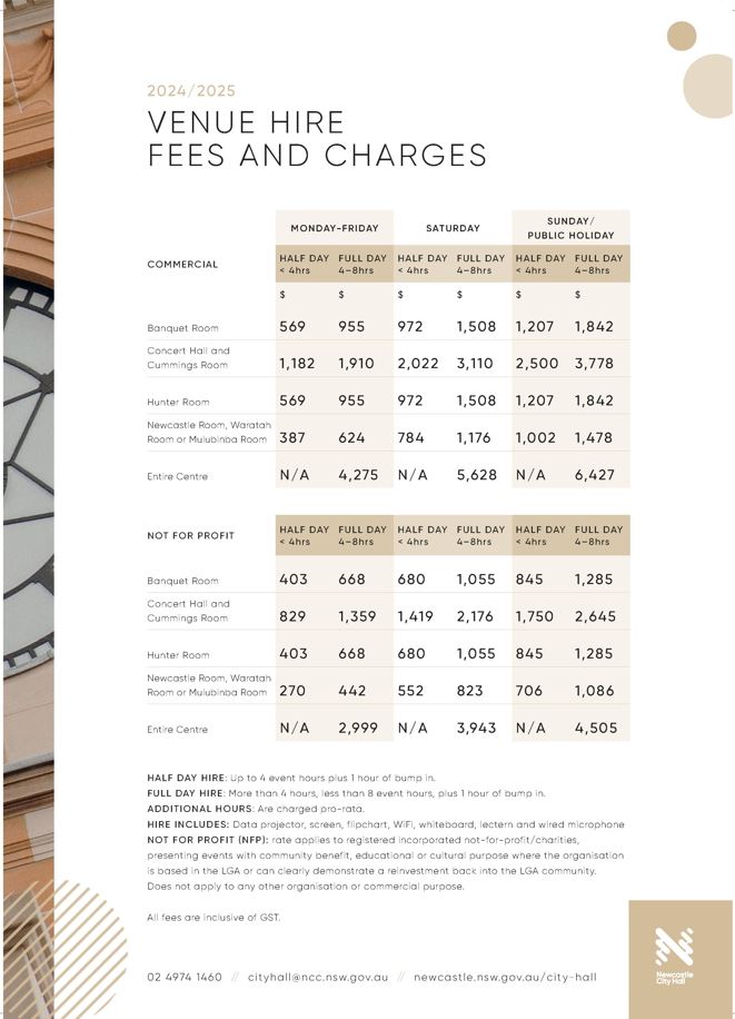 Fees and Charges for venue hire at Newcastle City Hall for 2024-25.