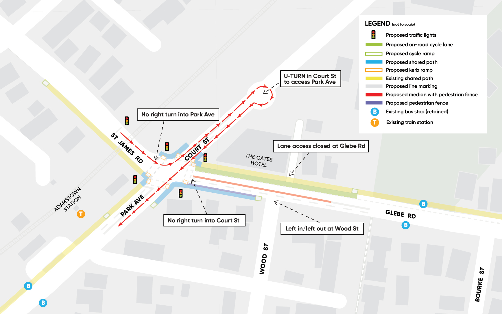 Traffic flow for vehicles going Park Avenue, Adamstown from St James Road, New Lambton