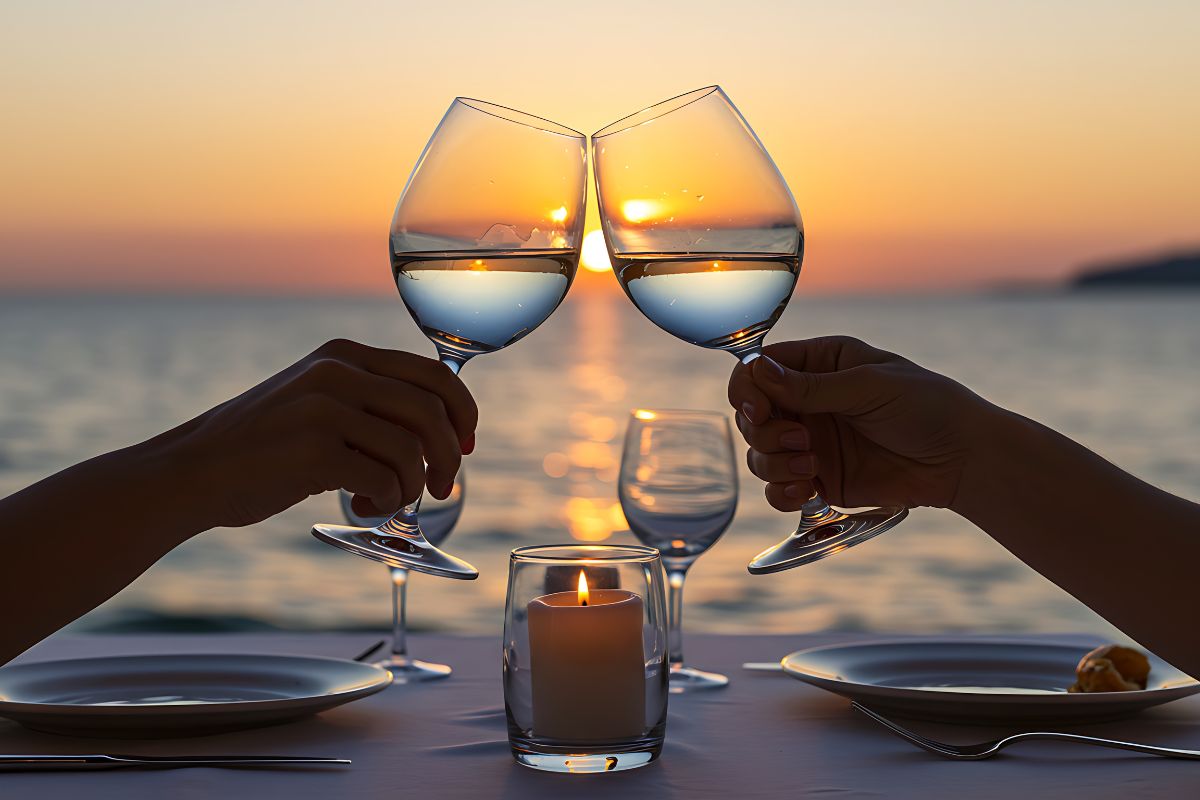 Wine glasses against a sunset