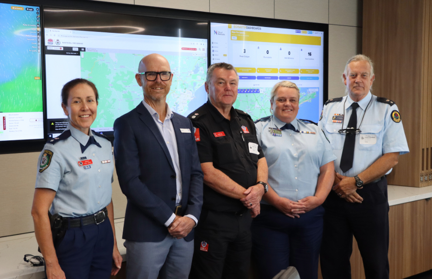 Lake Macquarie Police Acting Superintendent Lisa Jones, City of Newcastle Executive Director Corporate Services David Clarke, Fire and Rescue Superintendent Garry Tye, Newcastle Police Superintendent Kylie Endemi and NSW SES Superintendent Ian Robinson attend the annual Local Emergency Management Committee training simulation at City of Newcastle's purpose-built emergency operations centre