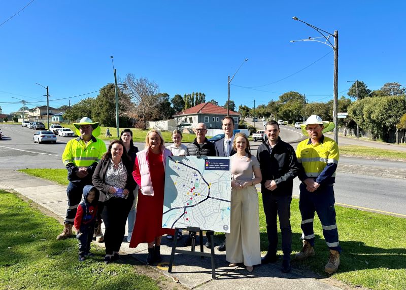 Councillor Deahnna Richardson, Lord Mayor Nuatali Nelmes, Acting CEO David Clarke, Councillor Elizabeth Adamczyk, Deputy Lord Mayor Declan Clausen and City of Newcastle staff at the site of the new roundabout, which is one of the projects being delivered in Wallsend during the five-year, $50 million program of work.