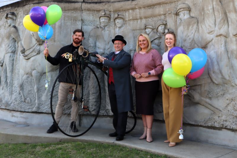 Wallsend Business Improvement Association board member Luke Whitby, penny farthing rider Sanjex, Lord Mayor Nuatali Nelmes and Councillor Elizabeth Adamczyk prepare for the upcoming family-friendly celebrations in Wallsend.