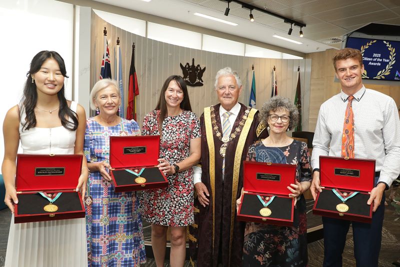 Image caption: From L-R Khuslen Batmandakh, Dr. Helen English, Associate Professor Michelle Kelly, Lord Mayor Ross Kerridge, Evelyn Collins and Bailey Myers accept their award at City of Newcastle Citizen of the Year awards ceremony.