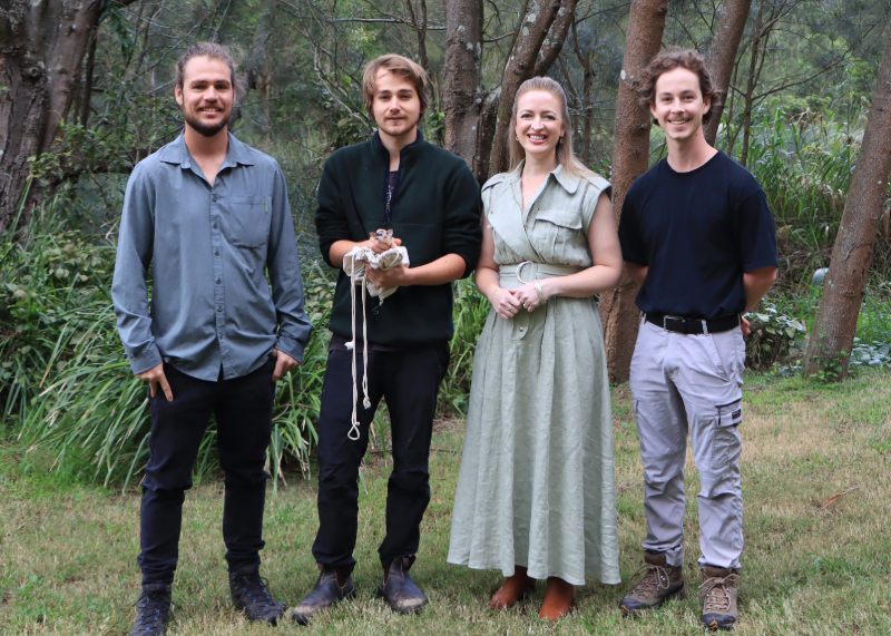 Cr Elizabeth Adamczyk joins the University of Newcastle's Dr Ryan Witt, Sam Hayley and Oliver Brynes at Richley Reserve as part of the Squirrel Glider research project.
