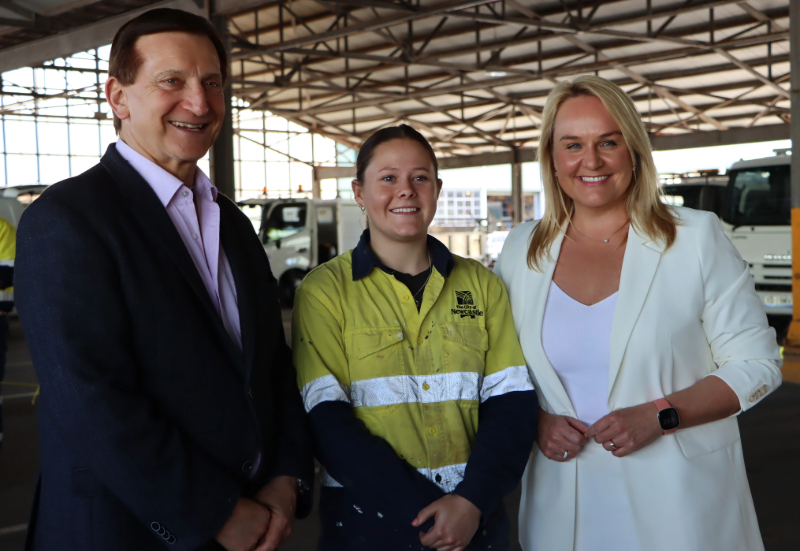 Minister for Local Government Ron Hoenig with Lord Mayor Nuatali Nelmes and City of Newcastle apprentice Jazmin Webber.