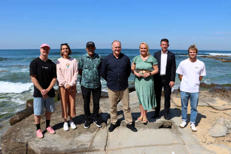 Surfers Jackson Baker and Philippa Anderson, Surfest founder Warren Smith, WSL President Andrew Stark, Lord Mayor Nuatali Nelmes, Stephen Crowe from Port of Newcastle and surfer Ryan Callinan at the Challenger Series announcement.