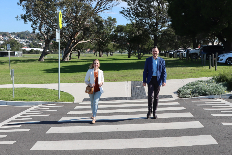 Cr Adamczyk and Deputy Lord Mayor Declan Clausen use the pedestrian crossing at New Lambton
