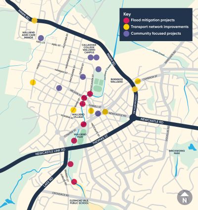 A map illustrating where the program of works will be occurring in Wallsend. Further details can be found on the project page online.