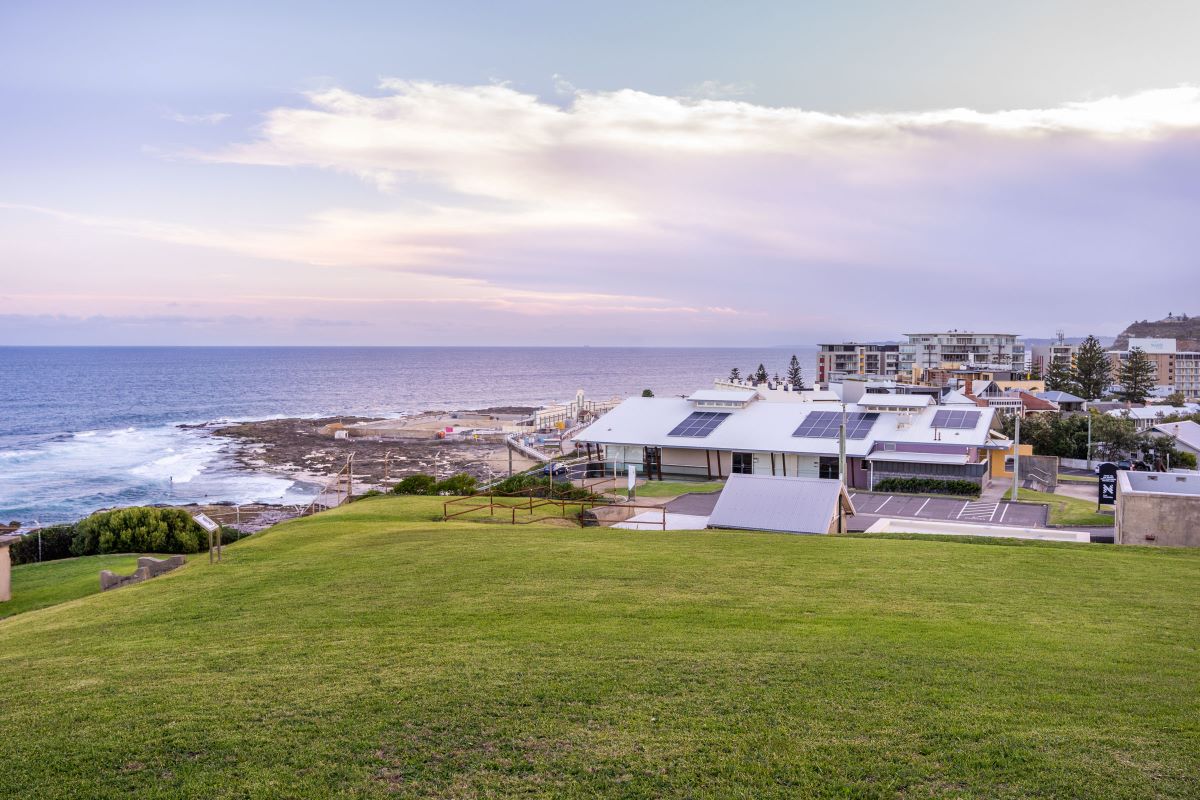 View from the lawn of Fort Scratchley, overlooking Newcastle Beach and Ocean Baths.