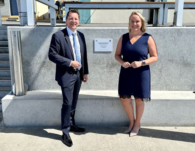 NSW Minister for Planning and Public Spaces Paul Scully and Lord Mayor Nuatali Nelmes unveil a plaque commemorating the completion of stage one upgrade works at the Newcastle Ocean Baths.