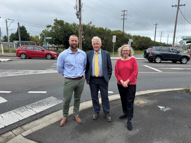 City of Newcastle Executive Manager - Transport & Regulation Ryan Tranter, with Lord Mayor Ross Kerridge and Federal Member for Newcastle Sharon Claydon at the Glebe Road intersection.