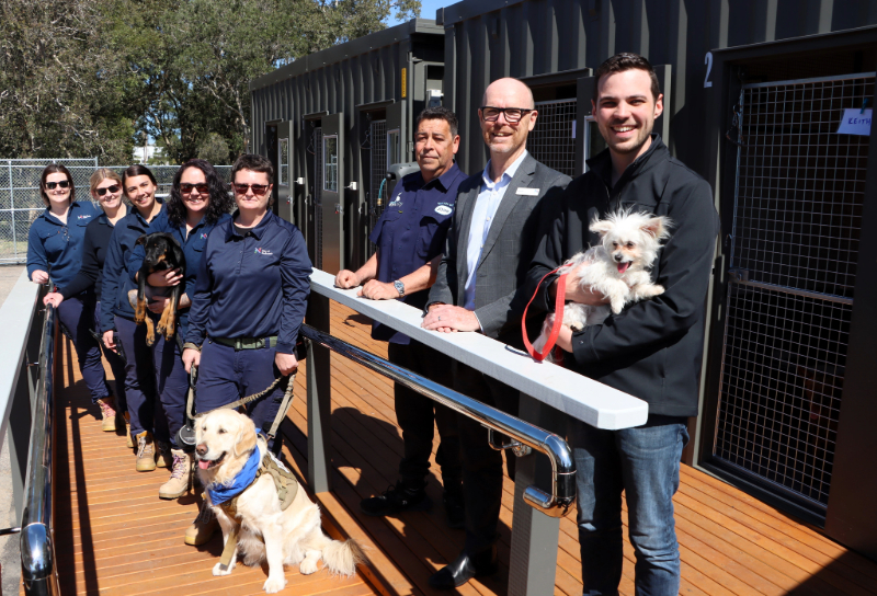 Deputy Lord Mayor Declan Clausen with Jackie, Acting CEO David Clarke, Dog Rescue Newcastle Shelter Manager John Giddens, City of Newcastle Rangers with Bella the Ranger dog and kelpie pup Lucy at City of Newcastle's Animal Facility at Tighes Hill.